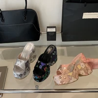 13cm Black Wedge Sandals Women Pink Flower Print Platform High Heels Slippers Summer Ladies Shoes Silver 13CM Heeled Sandals - Image 3