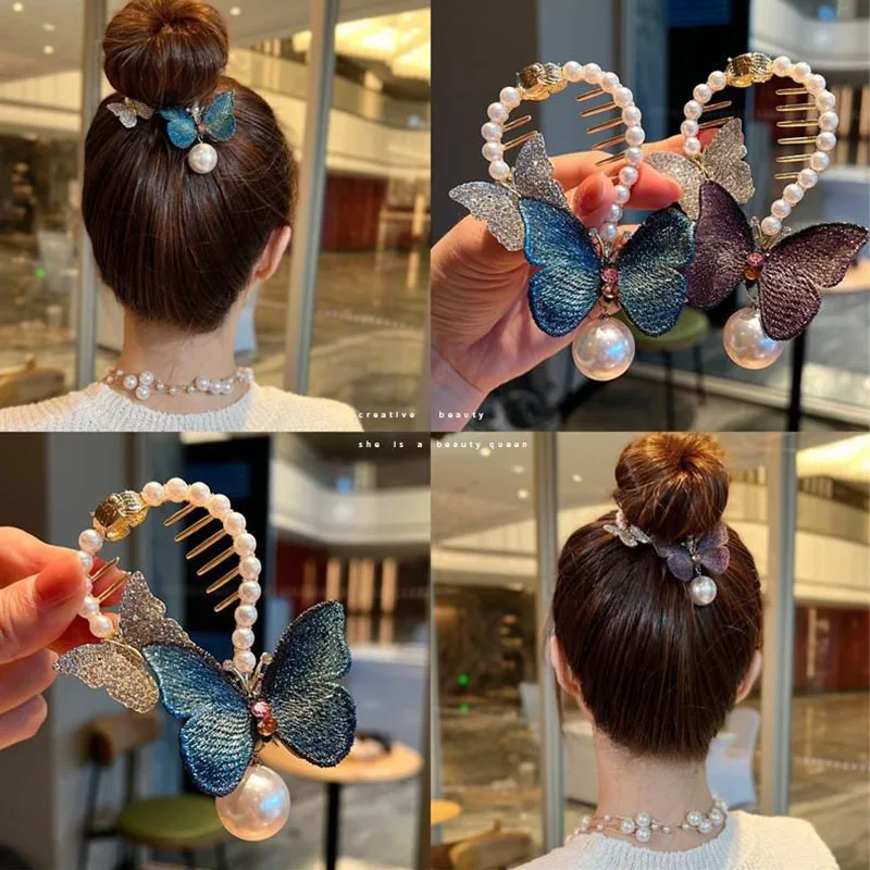 Butterfly Hair Claws Shiny Rhinestone Geometric Barrette Hair Bun Pearl Pins For Girl Fashion Back Head Hair Clip Hair Accessory