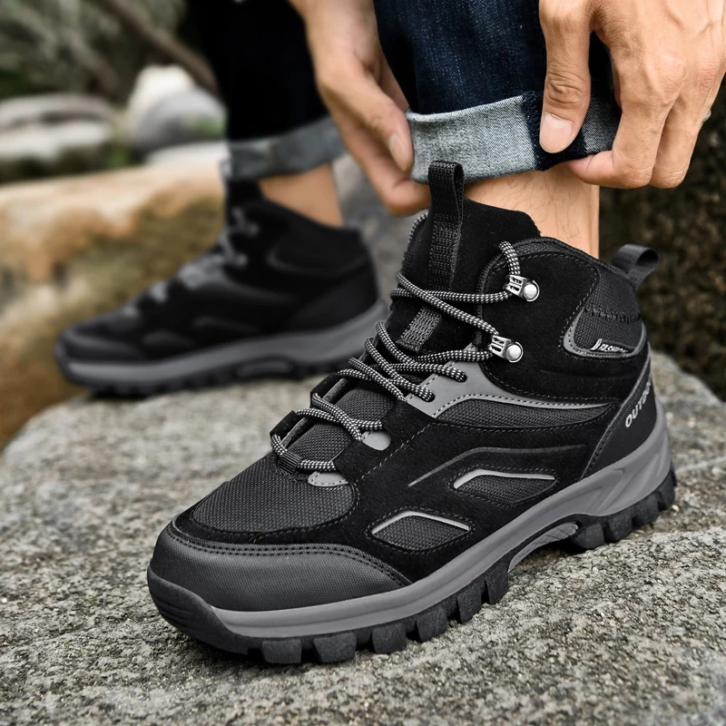 HIKEUP Men Hiking Shoes Fashion Men's Martin Boots Trendy Boots Women Leather Wear-resistant Outdoor Shoes Hiking Shoe Plus Size