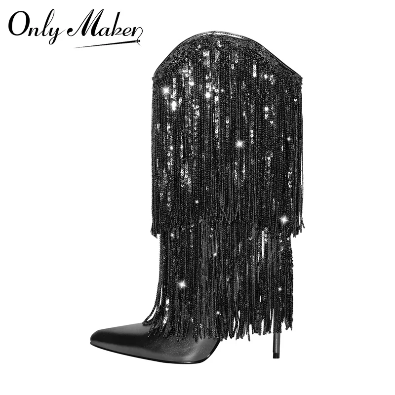 

Onlymaker Woman Pointed Toe Stilettos Sequin Fringe Boots Big Size Fashion Female Booties