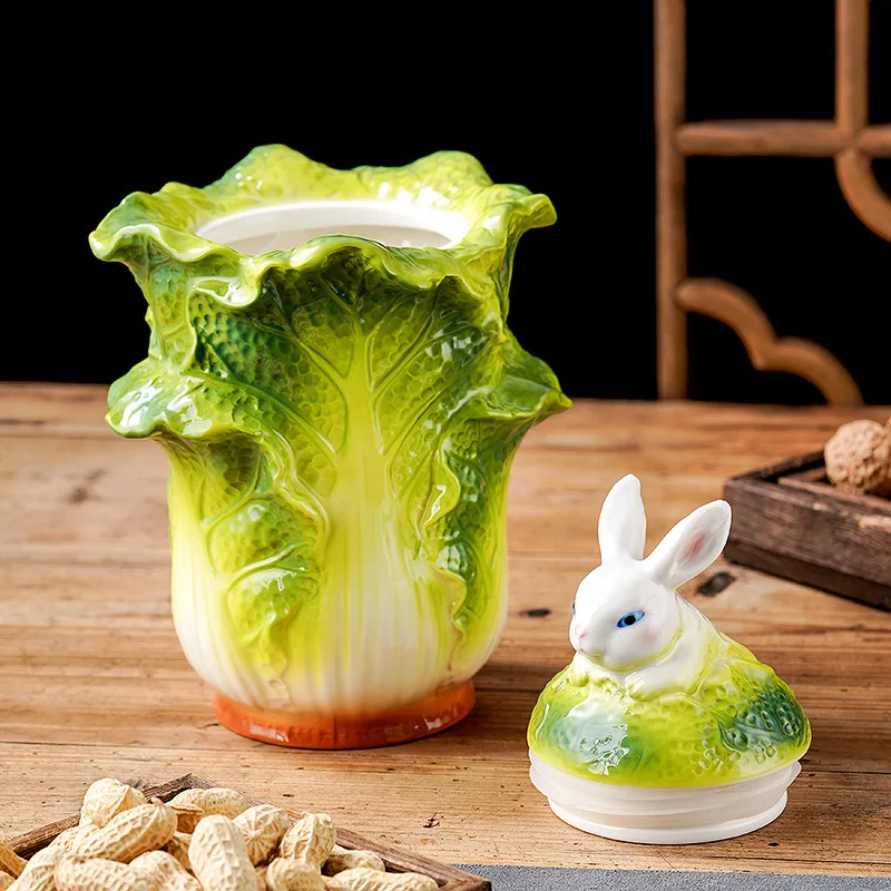 Creative Cabbage Rabbit Tea Jar Ceramic Decorative Jar Tea Sealed Storage Home Storage Container Decorative Accessories ceramic storage jar