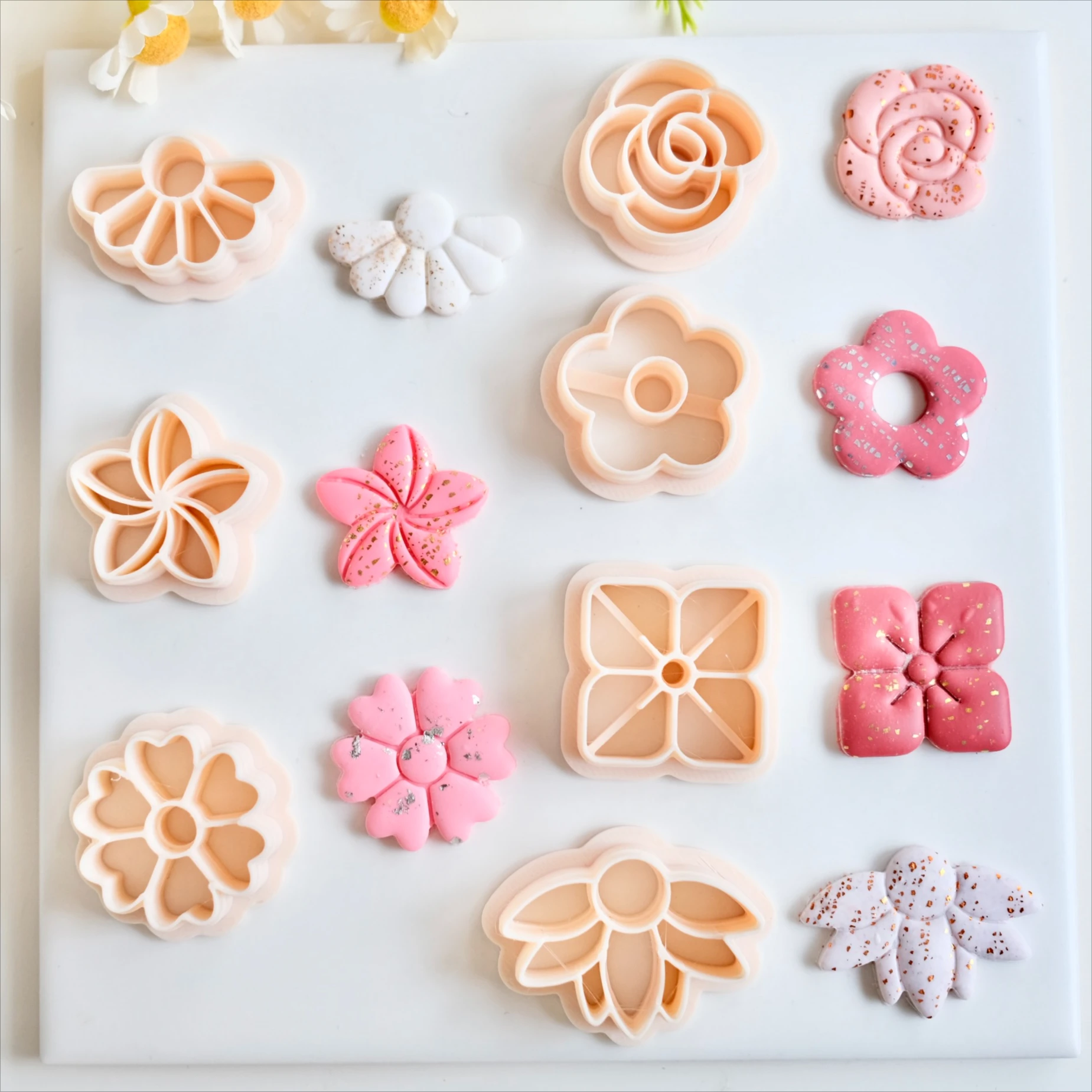 Polymer Clay Cutter Flowers Polymer Clay Earring Cutters Embossed Daisy Rose Clay Cutters for Jewelry Pendant Necklace Making Boho Floral Molds
