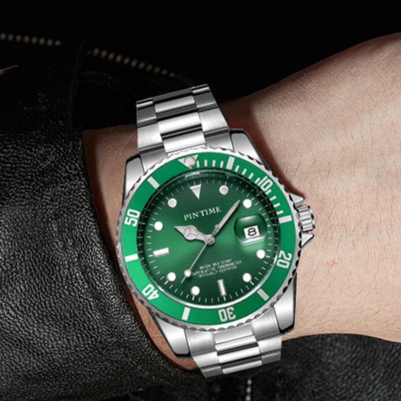 PINTIME Men Watch Fashion Brand Quartz Waterproof Wristwatch Rotatable Bezel Magnified Date Window Sport Casual Reloj Hombre Hot