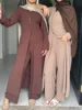 Muslim Dubai Türkiye Abayas For Women solid color Long Dresses buckle two-piece set Modest Ramadan Robe Femme Islam Clothing Set