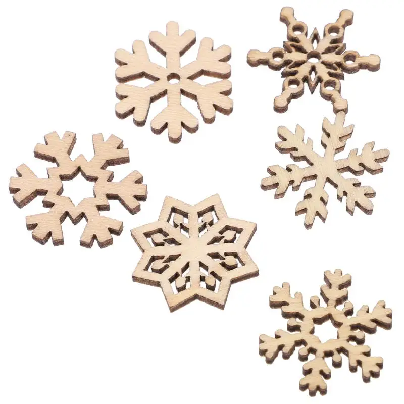 Christmas Ornaments Winter Snow Decoration 50pcs/100pcs Christmas Snowflake Wooden Pieces Wooden Cutouts Craft Christmas Snowflake Ornament Decoration For DIY