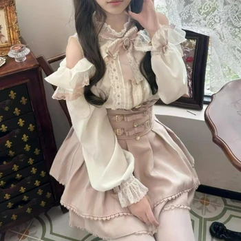 2025 Japanese Kawaii Short Skirt Sets Sweet Ruffles Off Shoulder Bow Shirt Gown Faldas Y2k Aesthetic Mini Skirts Lolita Full Set 1