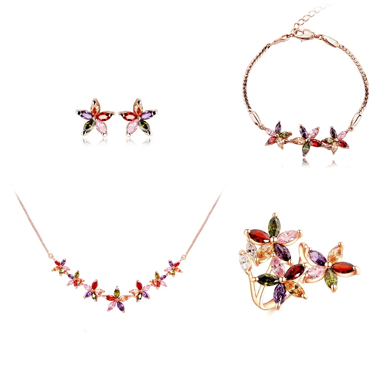 Sugo Classic Vendita Calda Bella Carino Multicolore Fiore Zircone Orecchini Collane Gioielli Per Donne Eleganti Bel Regalo Di Compleanno