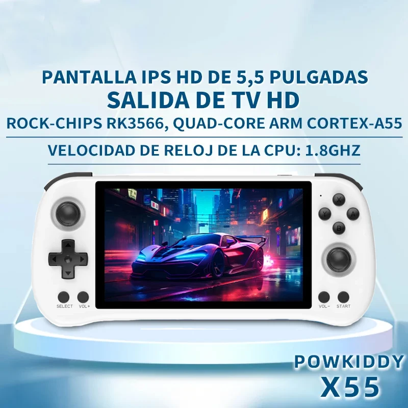 

Портативная игровая консоль POWKIDDY X55, 5,5 дюйма, 1280*720 IPS экран, RK3566, ретро консоль с открытым исходным кодом, подарки для взрослых и детей