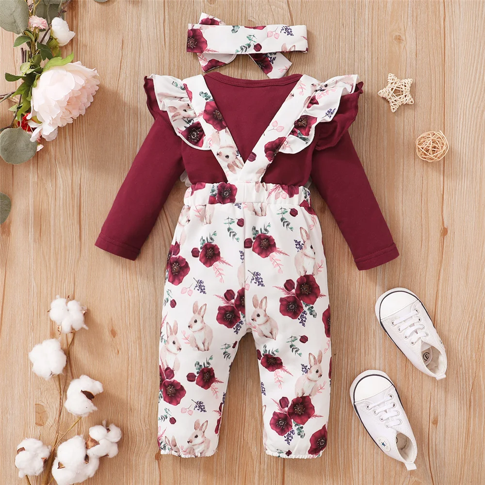 Adorable 3-piece baby girl outfit featuring a long-sleeve romper, floral strap pants, and a matching headband. Perfect for spring and autumn wear for newborns 0-24 months.
