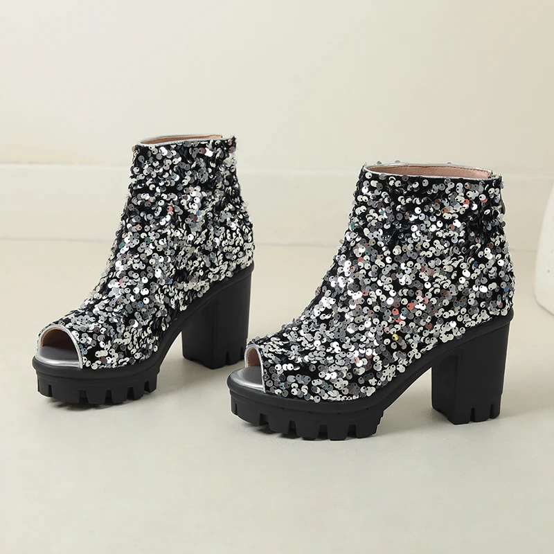 Luxury Ankle Boots for Women Peep Toe Glitter Sequined High Heels Short Booties Platform Dance Party Shoes Lady Large Size 42 43