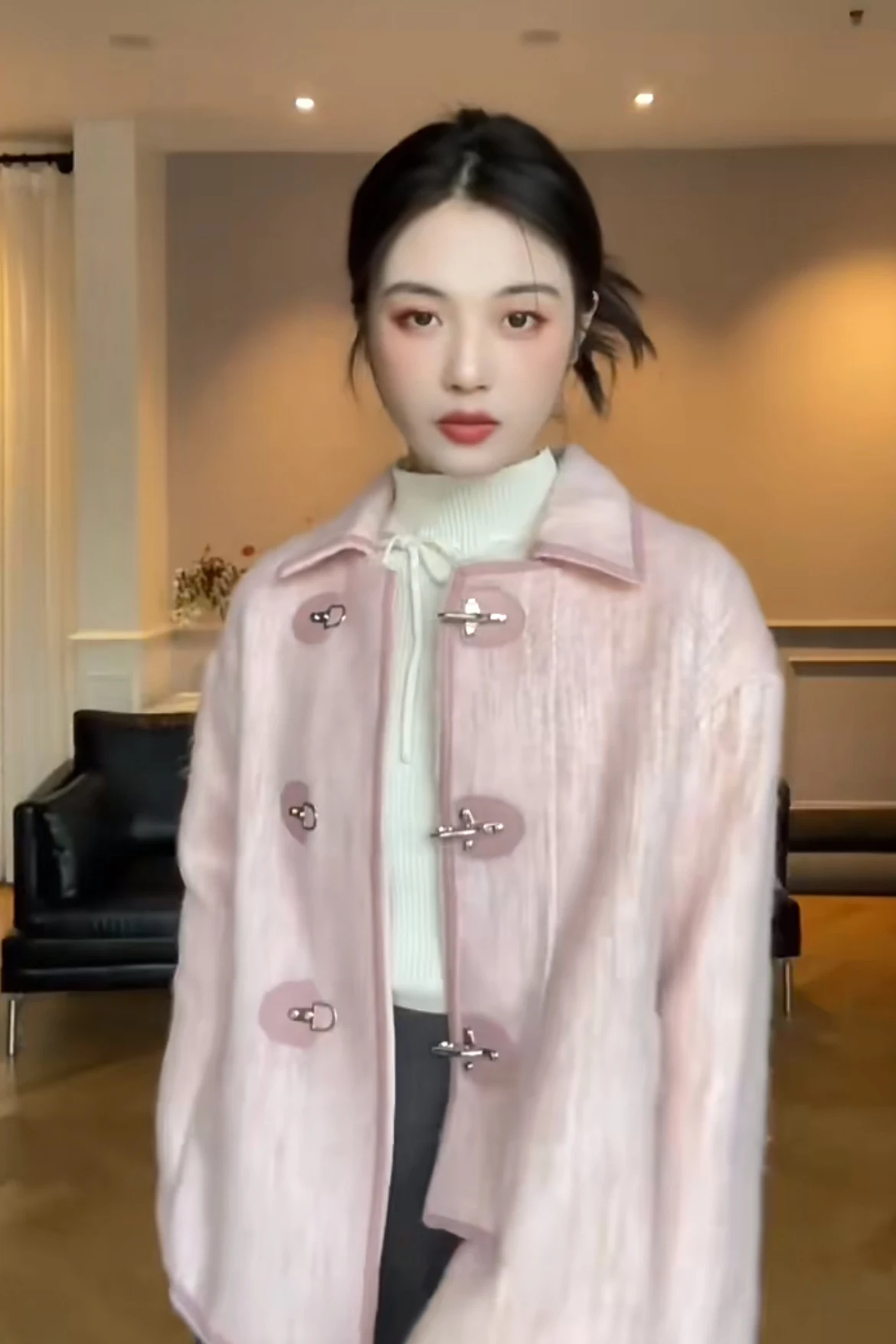 Fashion Sweet Cute Pink Long Woolen Lapel Women's Coat 2023 Autumn Winter French Style New Metal Buckle Cardigan Top