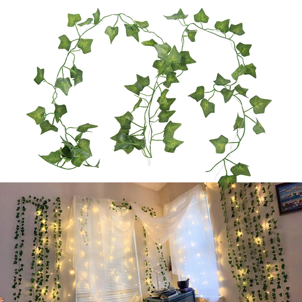 

2M Artificial Maple Leaf Vine Hanging Green Leaves Vine with 20LED String Light Plastic Fake Plant for Wall Garden Party DIY