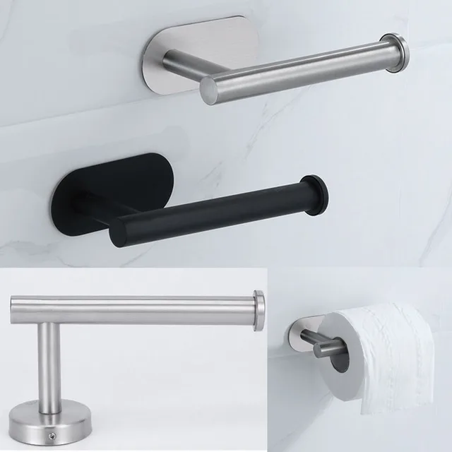 Noir rouleau de papier toilette serviette support mural de toilette organisateurs en acier inoxydable support salle de bain auto-adhésif sans poinçon support de tissu 2
