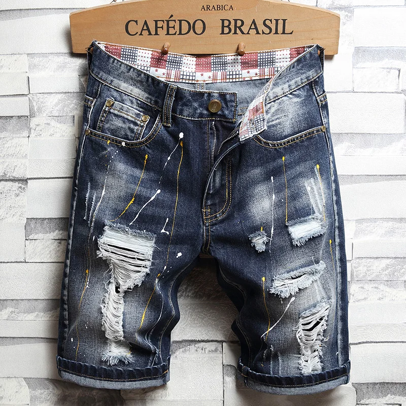 Summer Streetwear Zipper Men Jeans Shorts Ripped Jeans for men pants Aesthetic Hole Retro Straight Denim Shorts Gothic clothing