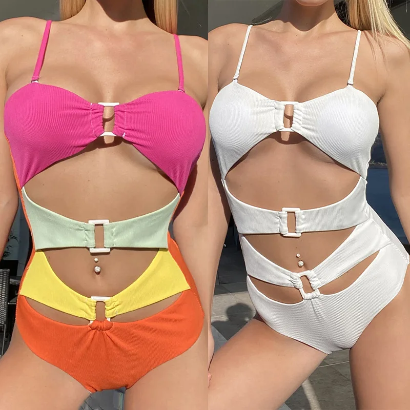 

Women's Bikinis Set Swimwear 2022 New Summer Fashion Splicing Hollow Sling Design Ribbing One-piece Swimsuit Sexy Beach Wear