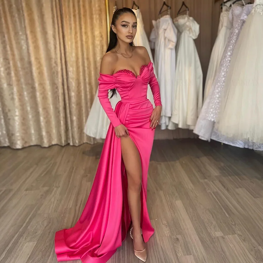 Sexy Pink Mermaid Prom Dresses 2024 Women Off-Shoulder Pearls Satin Long Evening Gowns Split Long Sleeves Formal Party Dress