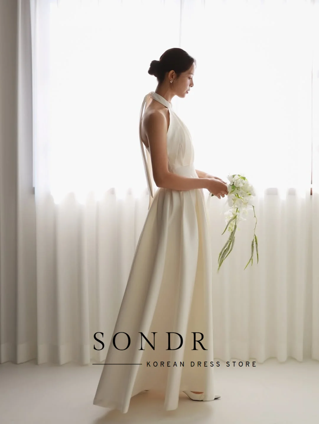 Sondr Elegant Halter Backless Evening Dress Korean Wedding Photo Shoot Floor Length Ivory Pleat Party Event Gown Customized