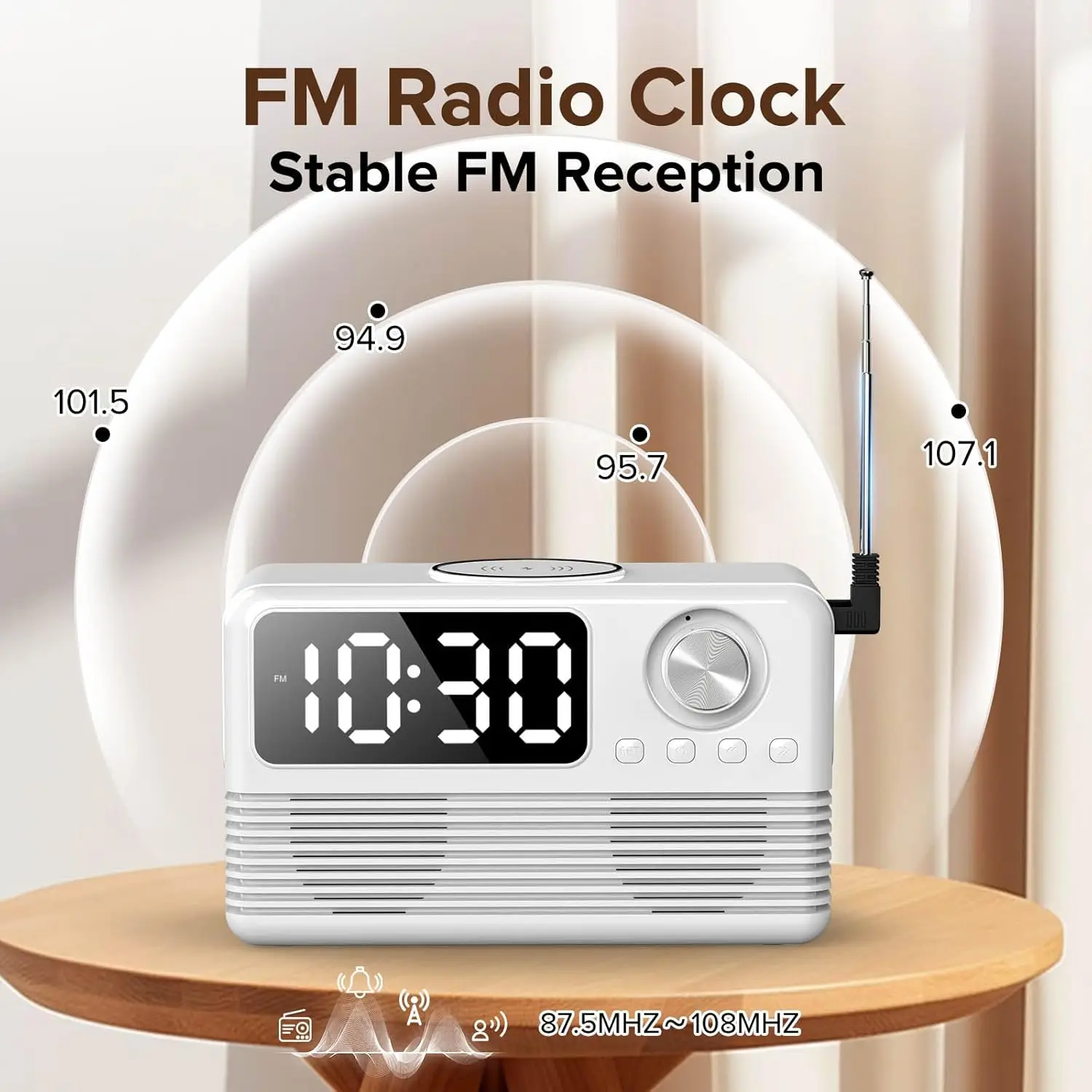 4-in-1 Wireless Charging Station with Fast 15W Charger, Bluetooth Speaker, Alarm Clock, and FM Radio for Bedroom Use 5
