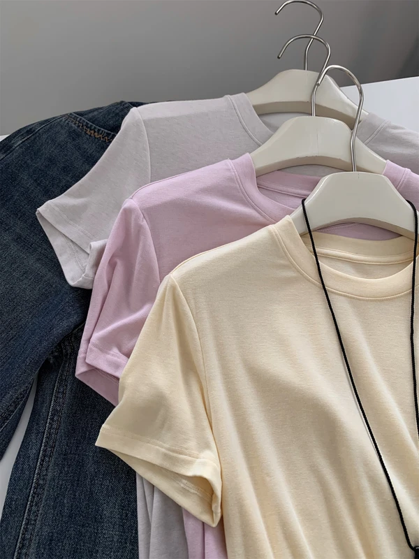 Silk Short Sleeve Women's Summer Round Neck Wool Outerwear T-shirt Slim Fit Base Shirt