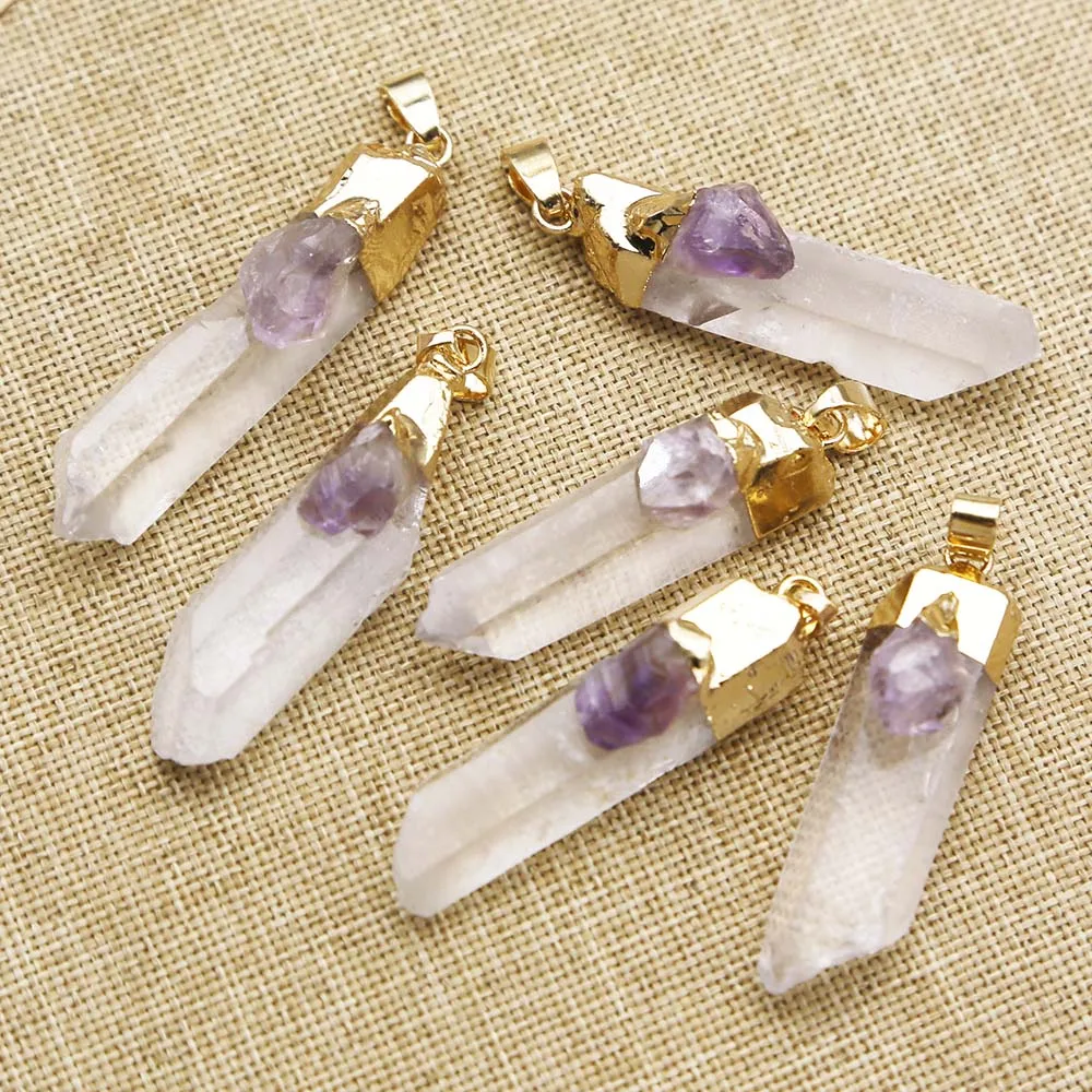 Natural Raw Stone White Crystal Pillar Six Prism Gold Plated Pendant Irregular Amethyst Necklace Charms Jewelry Accessories 8Pcs