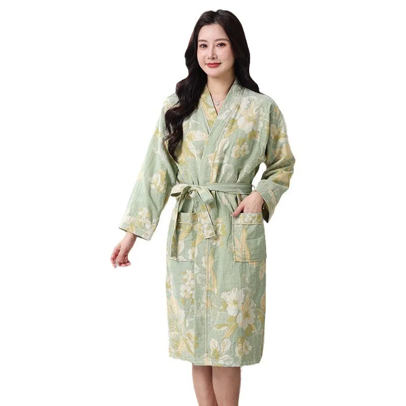 Cotton Two Layers Gauze Kimono Robes Couples New Women And Men V Neck Bathrobe Nightgown Print Female Home Clothes