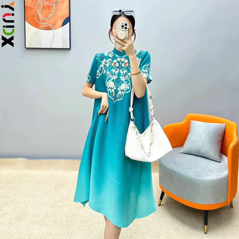 

YUDX Miyake Pleated Print Women Gradient Color A Line Medium Long Short Sleeve Elegant Evening Party Niche Design New 2024