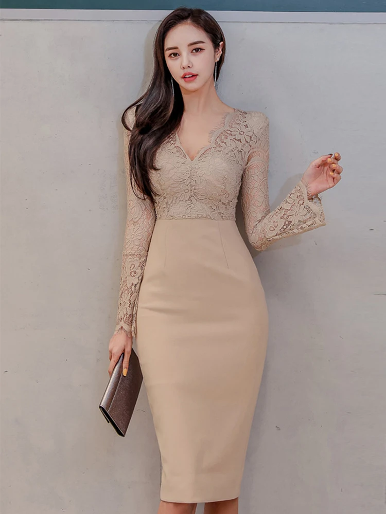 롱원피스 여성용 우아한 바디콘 이브닝 파티 롱 드레스, 섹시한 하이 스플릿 긴팔, 오피스 레이디 맥시 드레스, 2023 가을 겨울 11 한국 패션 여성 작업 스타일 펜슬 드레스, 우아한 사무실 통근 레이스, 섹시한 V넥 슬림 원피스, 여성 의류