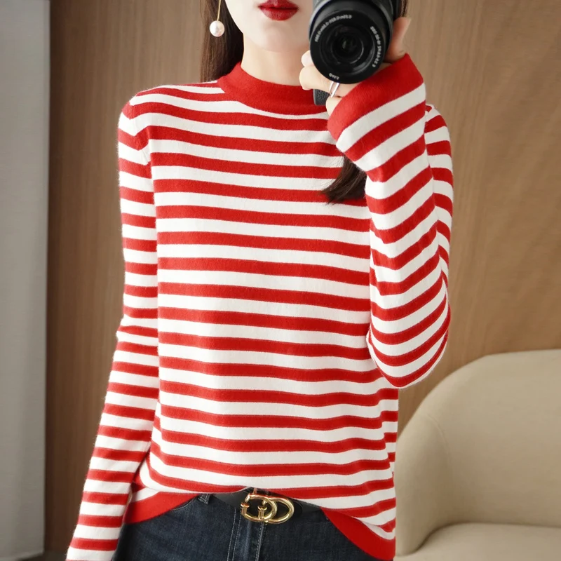 

2022 New Half Height Round Neck Striped Pullover Cashmere Sweater Women's Autumn Winter Loose Long Sleeve Bottomed Knitting Top