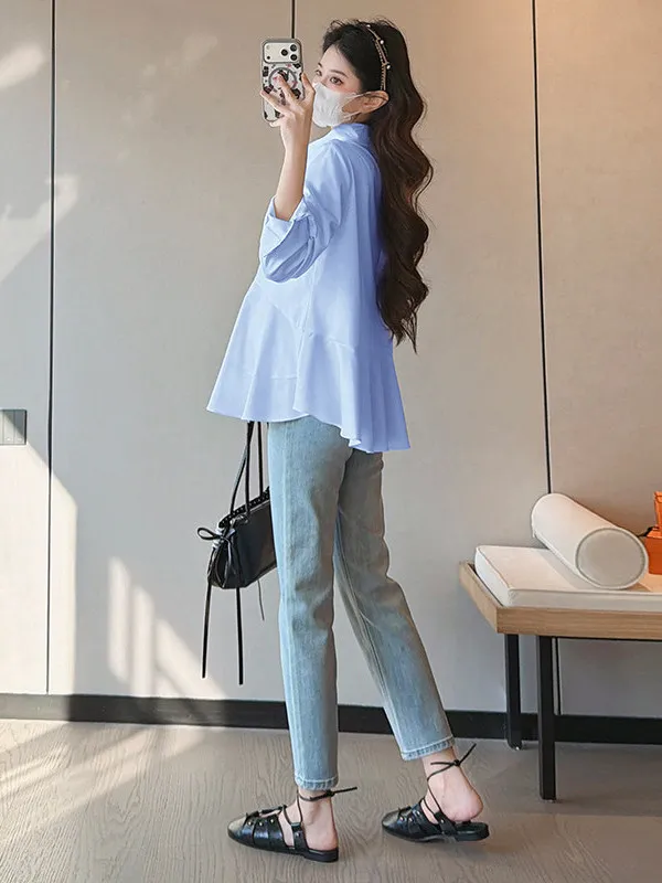 출산 셔츠 세련된 슬리밍 배 커버 봄 여름 새로운 스타일 통근 캐주얼 긴팔 폴리에스테르 탑