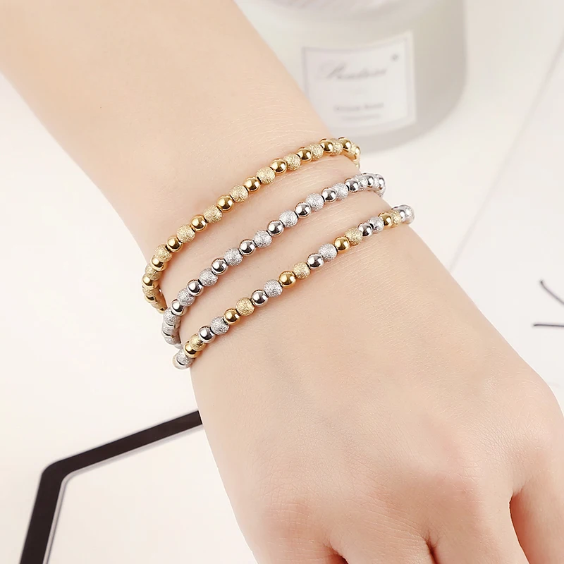 Metal Stainless Steel Waterproof Jewelry Women's High Quality 18K Gold Charm Sand Ball Shiny Beads Mixed Color Elastic Bracelets 4