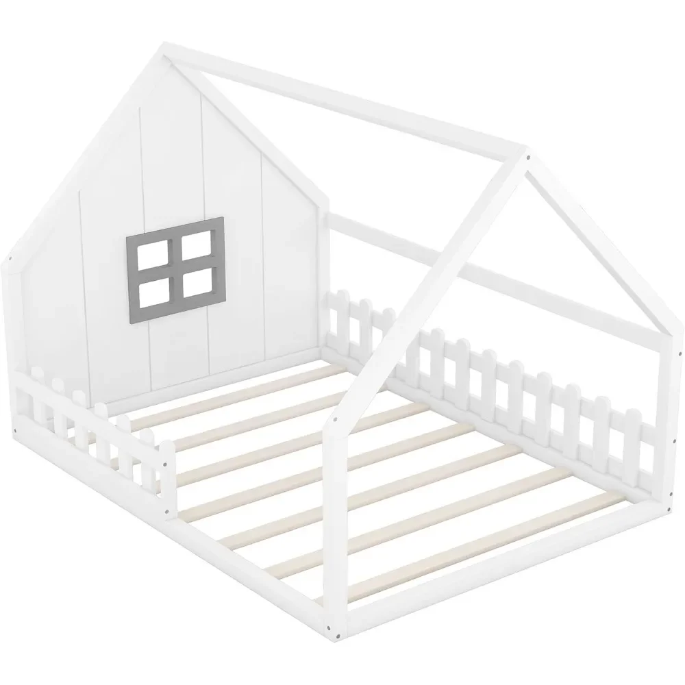 House Bed for Kids Full Montessori Floor Bed Wood Frame with Rails and Window, No Box Spring Needed, for Kids Teens Girls Boys 6