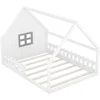 House Bed for Kids Full Montessori Floor Bed Wood Frame with Rails and Window, No Box Spring Needed, for Kids Teens Girls Boys 6
