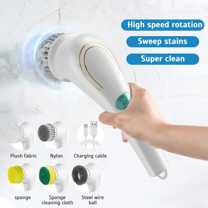 

Electric Spin Cleaning Brush with 5 PCS Heads Cordless Portable Scrub Brush Handheld Scrubber Suitable for Bathroom Kitchen Tool