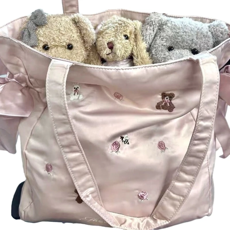 Fashion Shoulder Bag Leisure Bags for Women Girl Embroidery Bear Rabbit Shopping Bag Large Capacity Handbag Nylon Tote
