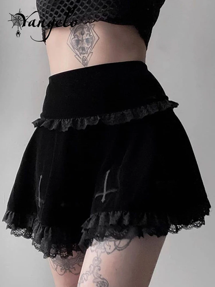 

Yangelo Velvet Sexy Lace Embroidered Skirt Gothic High Waist Cross Pattern Mini Skirt Punk Fairy Grunge Skirts for Woman 2023