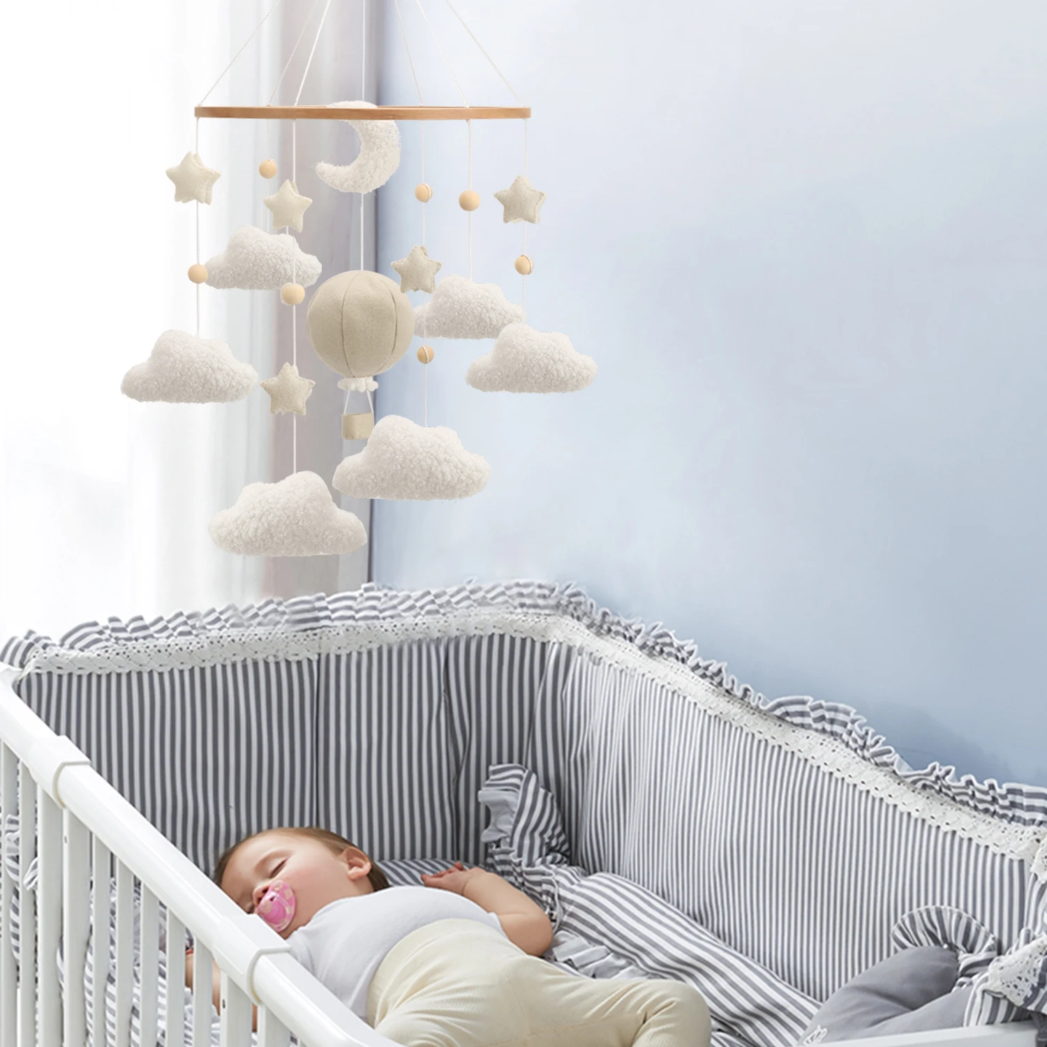 Mobile per Culla con Mongolfiere, Luna, Stelle e Nuvole, Decorazione Neutra per Cameretta - immagine 3