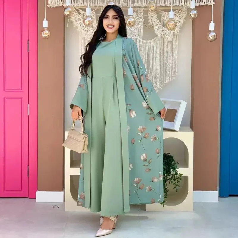 Ramadan Eid Abaya Kimono and Jumpsuit Matching 2 Piece Sets Muslim Hijab Dress Turkey Abayas for Women Dubai Kaftan Islam Outfit