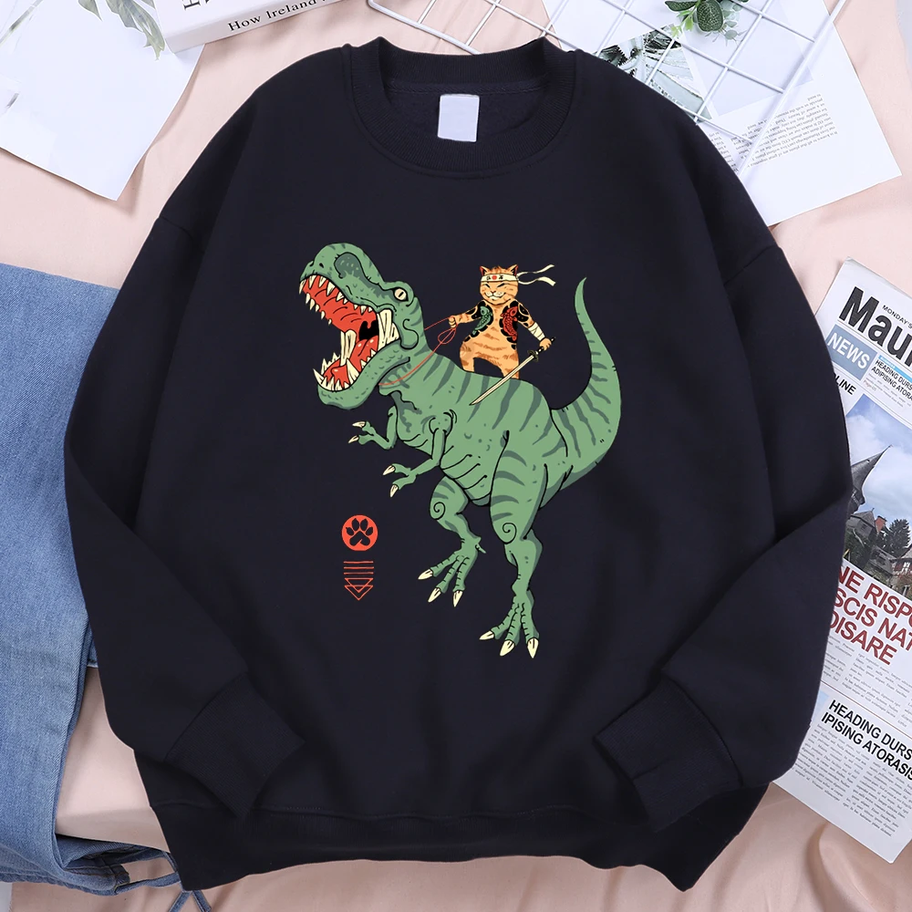Japanese Harajuku Riding Dinosaur Cat Men Women Hoodie Fashion Fleece Hoodies Autumn Casual Clothing Fleece Oversized Streetwear