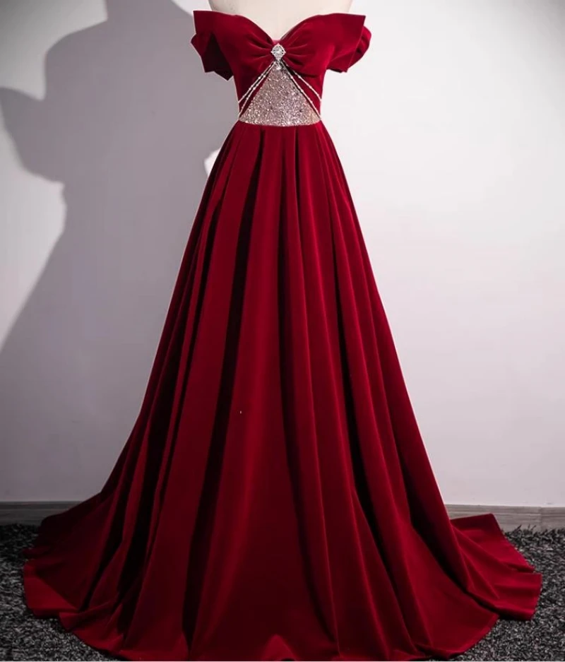 

Ashely Alsa Wine Red Bride Wedding Party Dress Off Shoulder Beaded A Line Long Women Evening Formal Dresses Prom Occasion Gown