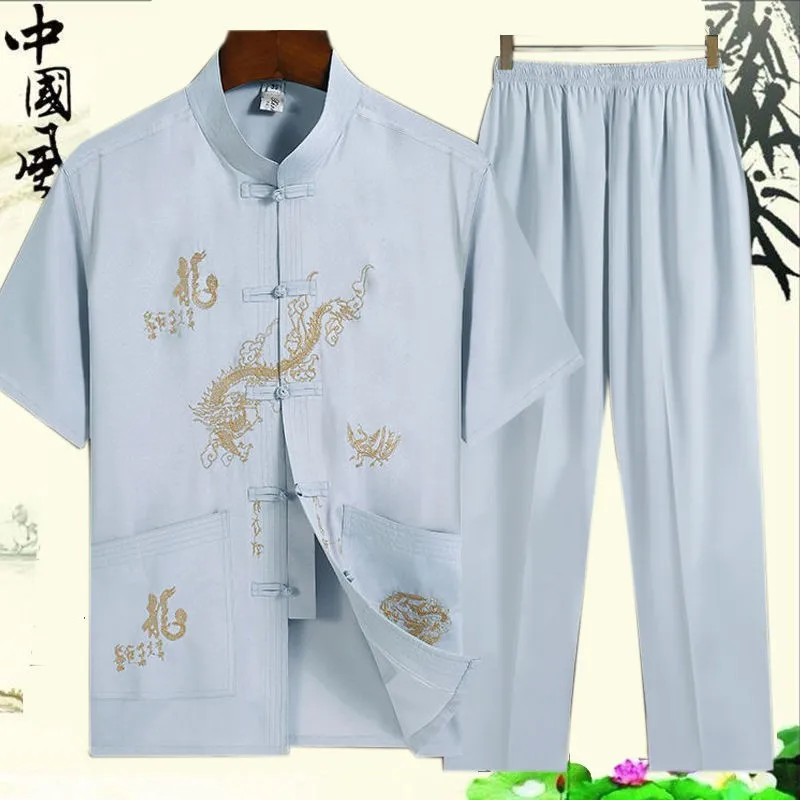 Traditional Chinese Men Embroidery Tang Suit Short Sleeve Taichi Uniform Cotton Dragon Wushu Clothing Loose Male Kung Fu Shirt tai chi clothing chinese men hanfu top