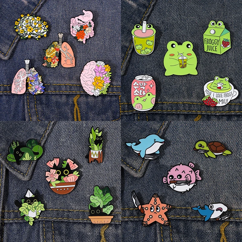 

Cute Animal Set Enamel Pin Body Organ Cat Frog Flower Plant Heart Badge Brooch Jewelry Butterfly Juice Lapel Pin Bag Accessories