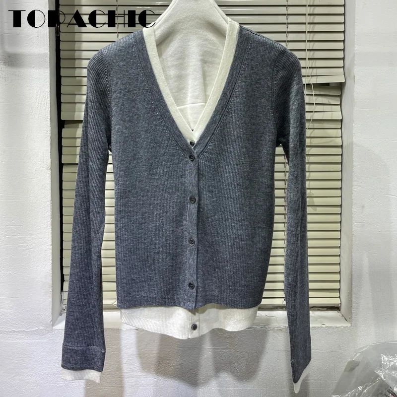 

10.31 TOPACHIC Women's Fake Two Piece Knitwear Single Breasted Long Sleeve Slim Wool Knitted Cardigan Sweater