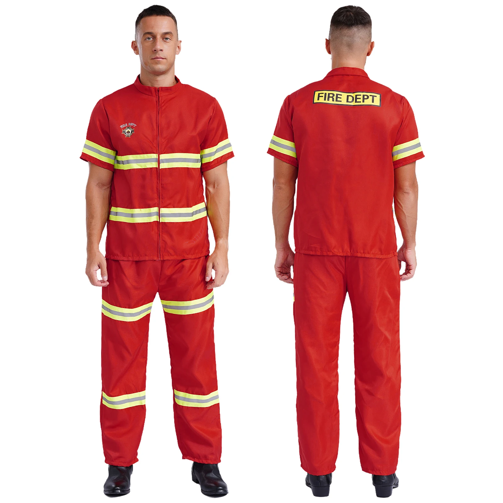 Mens Firefighter Dress Up Costume 4-piece Suit Plastic Helmet Short Sleeve Jackets with Pants and Belt Reflective Stripes Set