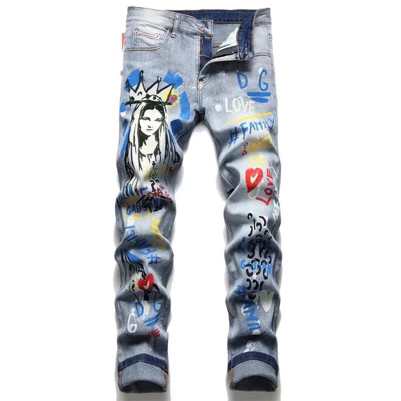 Summer Graffiti Jeans Men Embroidery Printing Gradient Color High Street Retro Luxury Pants Slim Fit and White Scrape Comfor2024
