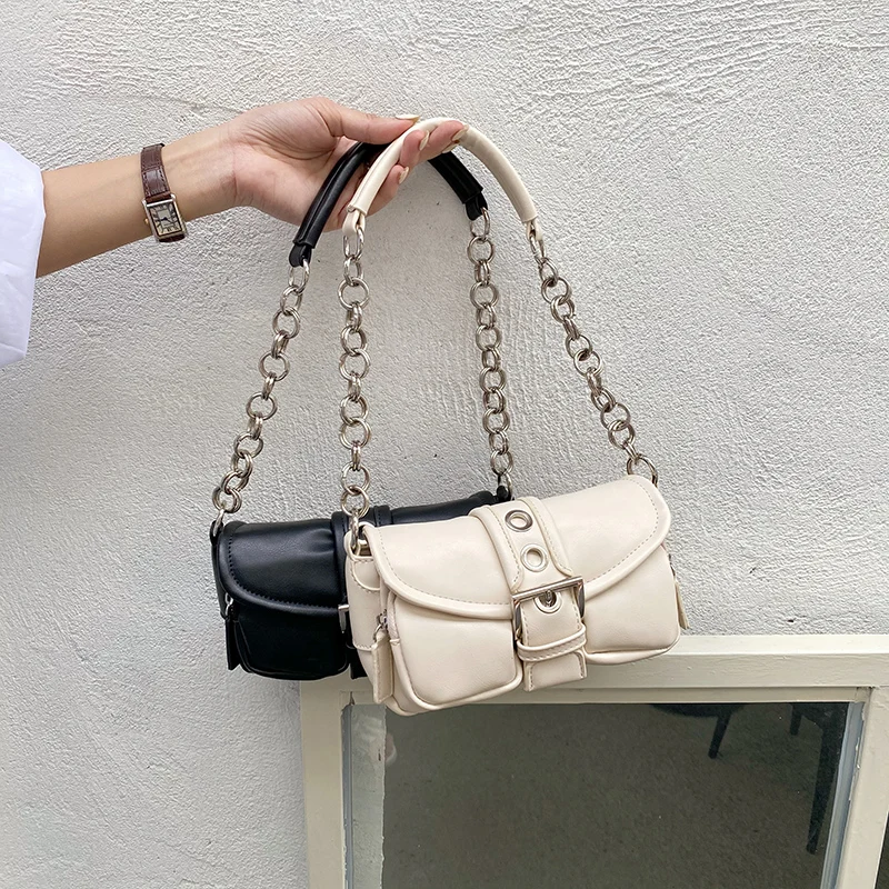 

Retro Women's Chain Small Shoulder Bag Solid Color PU Leather Ladies Underarm Bags Fashion Female Armpit Bag Tote Purse Handbags