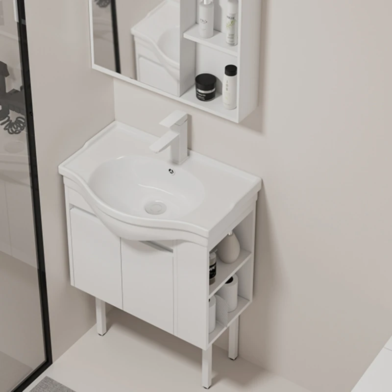 

Modern Simple White Smart Solid Wood Bathroom Combination Ceramic Integrated Basin Wash with Side Cabinet Toilet Locker