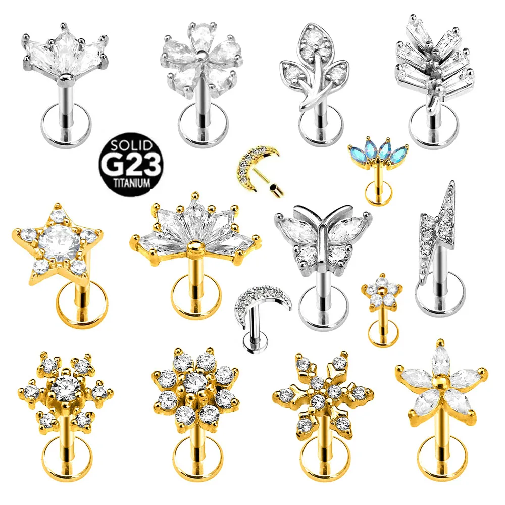 

F136 G23 Titanium Flower Moon Butterfly Threadless Piercing Lightning Leaf Snowflake Push in Lip Stud Star Daith Conch Earrings