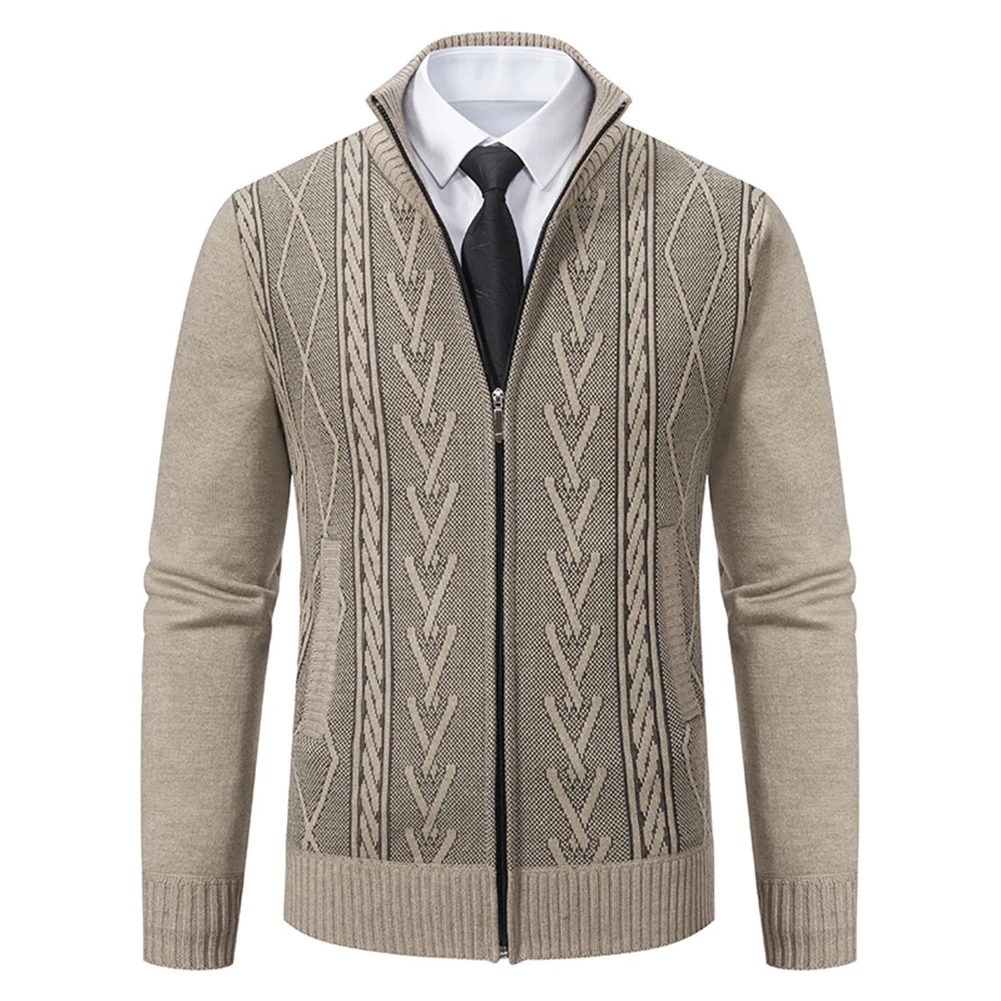 

Warm Men\\'s Cardigan Sweater Jacket Cable Knitted Zip Up Coat Stand Collar Solid Color Slight Stretch M 3XL