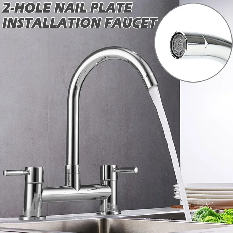 Kitchen Sink Mixer Tap Metal Copper Dual Handle Hot and Cold Mixed Water Tap 2 Hole Deck Mounted Faucet Kitchen Supplies