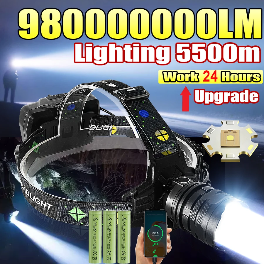 Frontale LED ultra-puissante 980000 lumens rechargeable USB pour pêche, chasse, camping nocturne